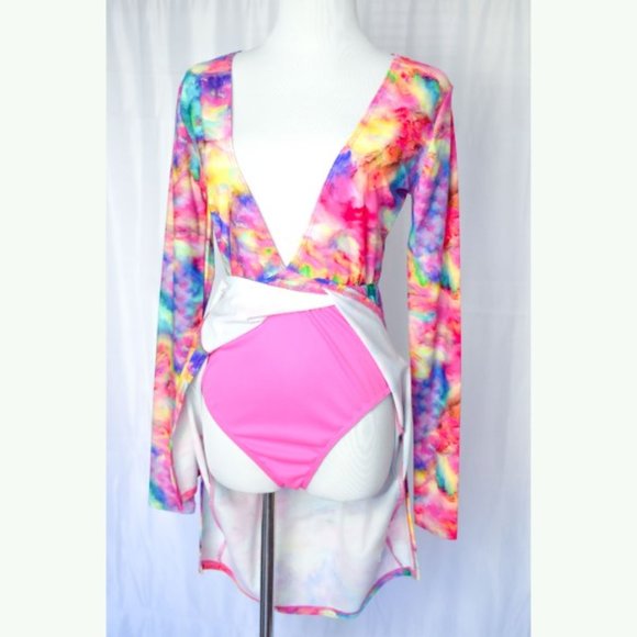 Sexy Neon Tie Dye Bikini Romper Long Sleeve Dress - Picture 5 of 8